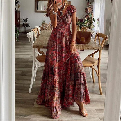 Airy women's maxi dress with ethnic print & V-neck – Nayeli-Red-S-Nora Luxe
