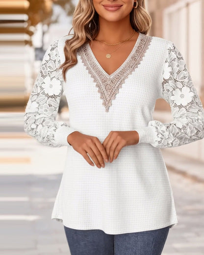 Elegant Lace Trim V-Neck Women's Tee - Olytrend