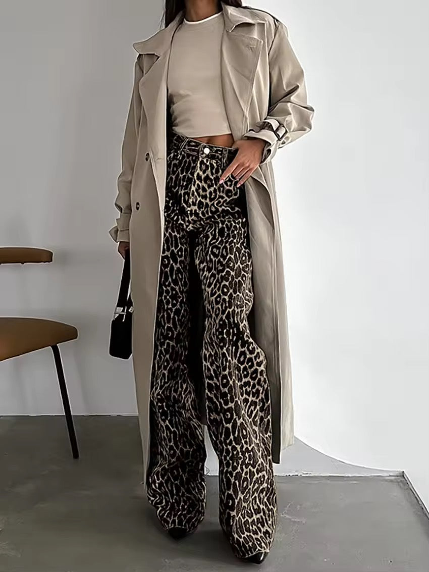 Trendy Leopard Wide Leg High Waist Women's Jeans - Olytrend
