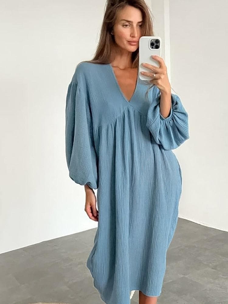 Relaxed Fit V-Neck Maxi Dress with Long Sleeves - Nocini