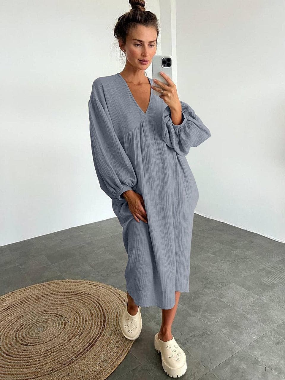 Relaxed Fit V-Neck Maxi Dress with Long Sleeves