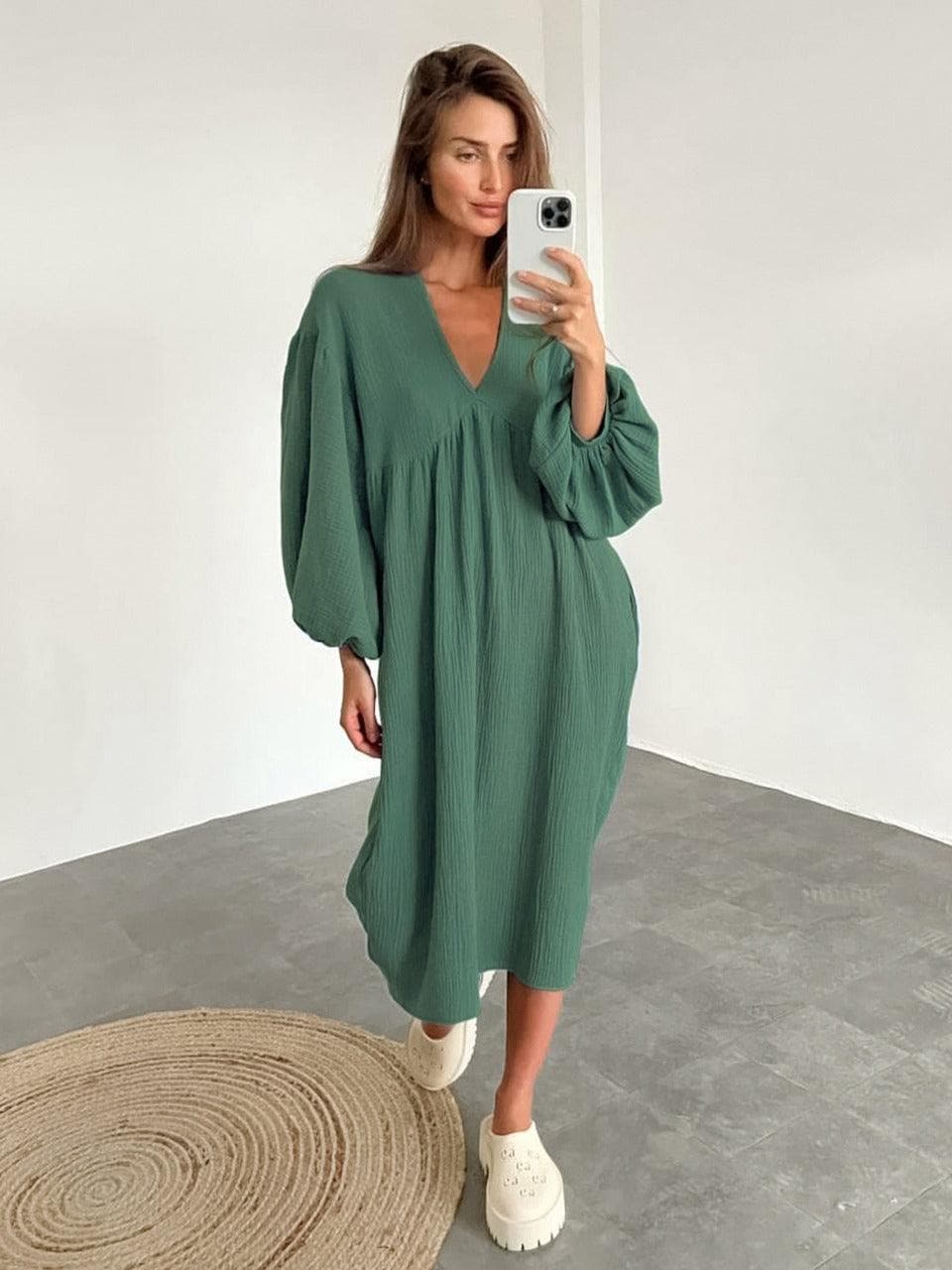 Relaxed Fit V-Neck Maxi Dress with Long Sleeves