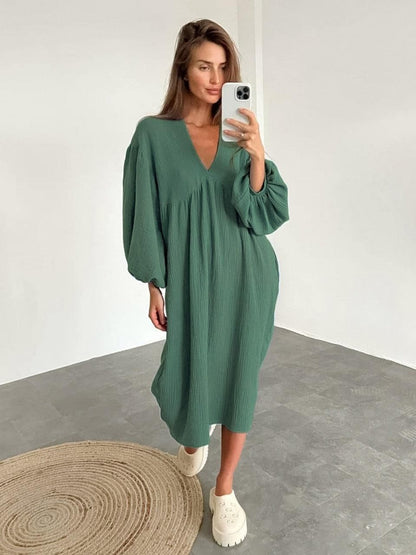 Relaxed Fit V-Neck Maxi Dress with Long Sleeves