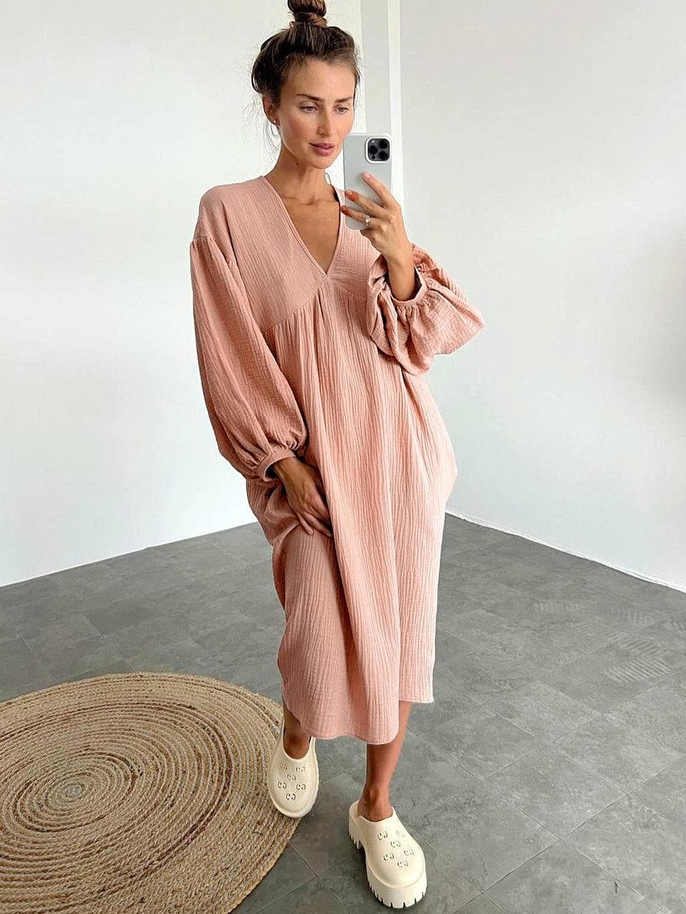 Relaxed Fit V-Neck Maxi Dress with Long Sleeves