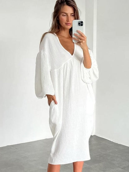 Relaxed Fit V-Neck Maxi Dress with Long Sleeves
