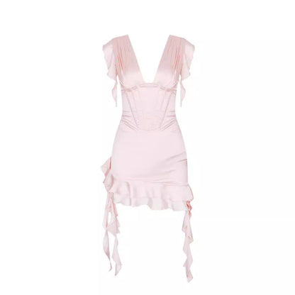 Asymmetrical ruffled dress with V-neckline & figure enhancement – Elira-Pink-L-Nora Luxe