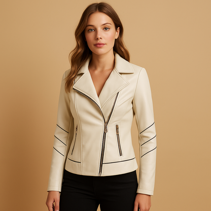 Women’s jacket with asymmetrical zipper, lapel collar, and metal stud details, perfect for autumn and spring outfits.
