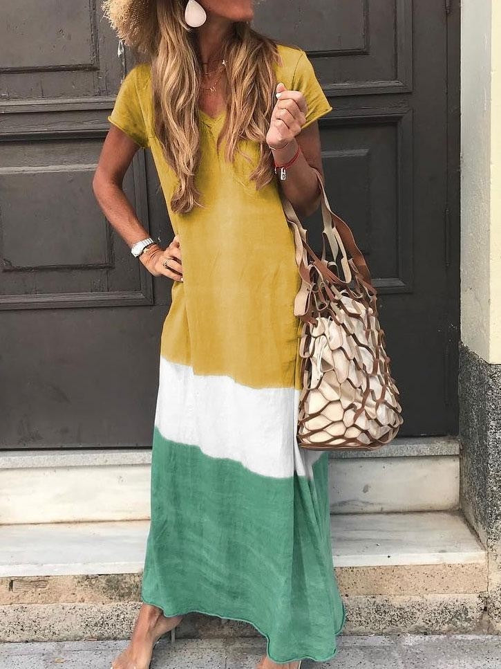 Comfortable V-Neck Maxi Patchwork Dress