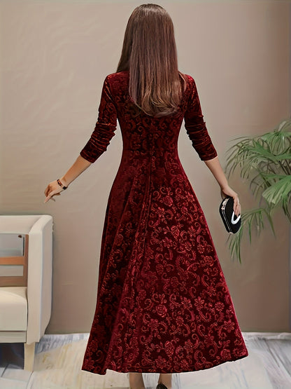 Ladies Elegant Embroidered Velvet Long Dress