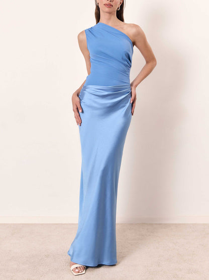 Elegant Asymmetrical Maxi Dress with Flowy Satin Skirt