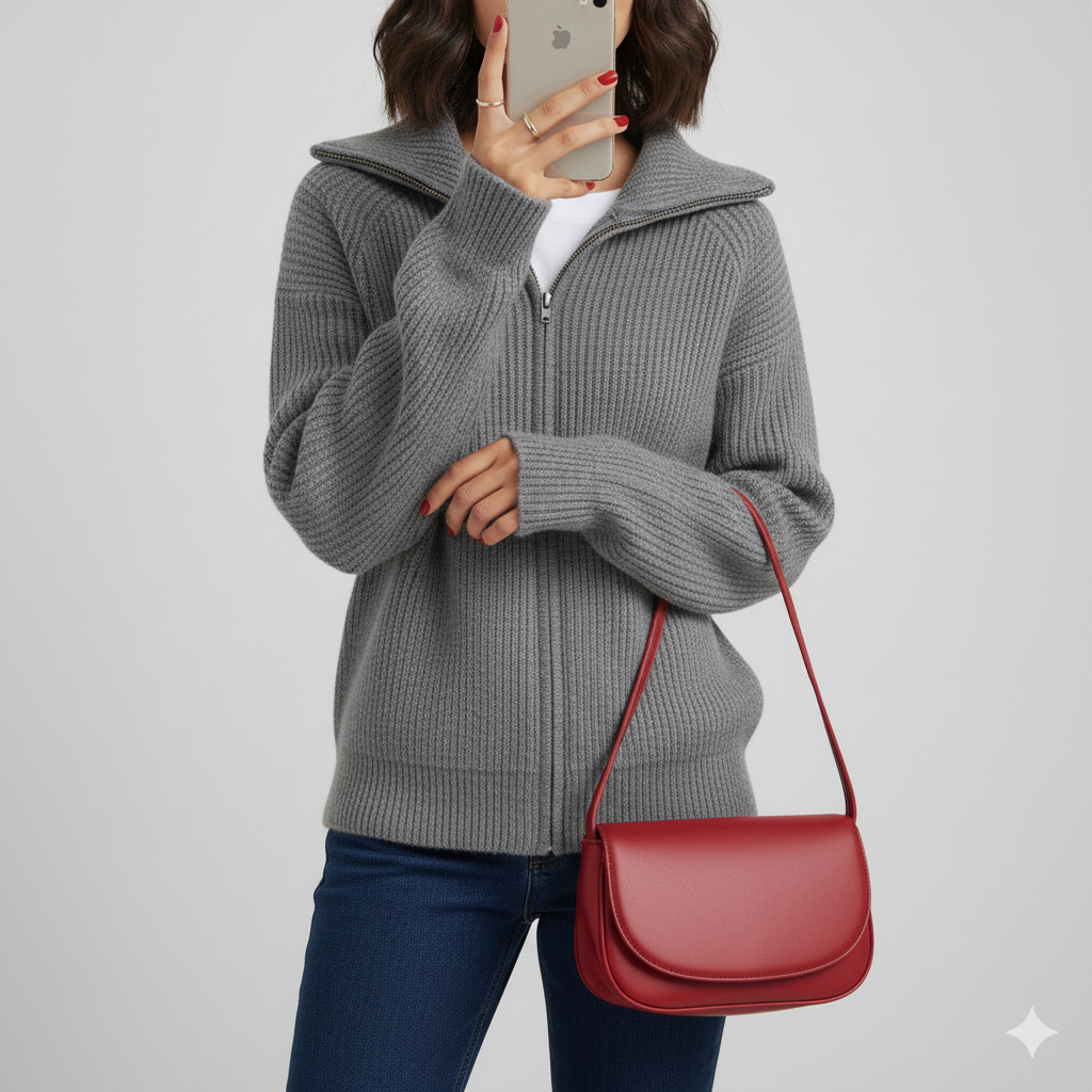 Women's Fit Cardigan Ribbed Zip Up Sweater