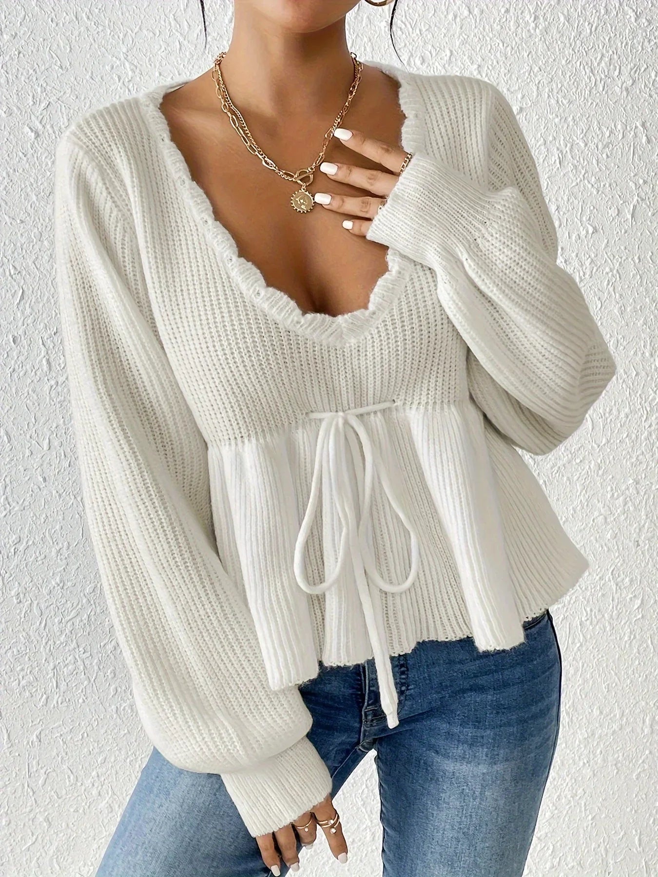 Cozy Women's V-Neck Sweater with Ruffle Detail - Nocini
