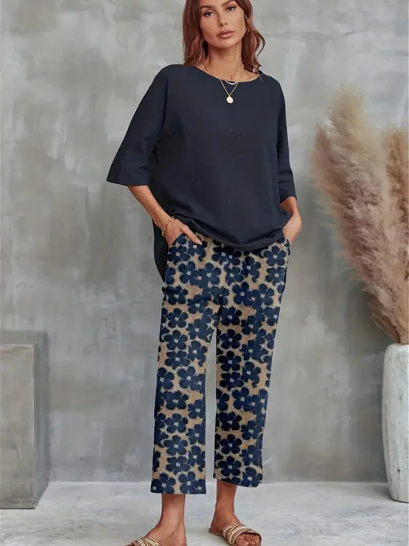 Relaxed Fit Tunic and Floral Wide Leg Pants Set