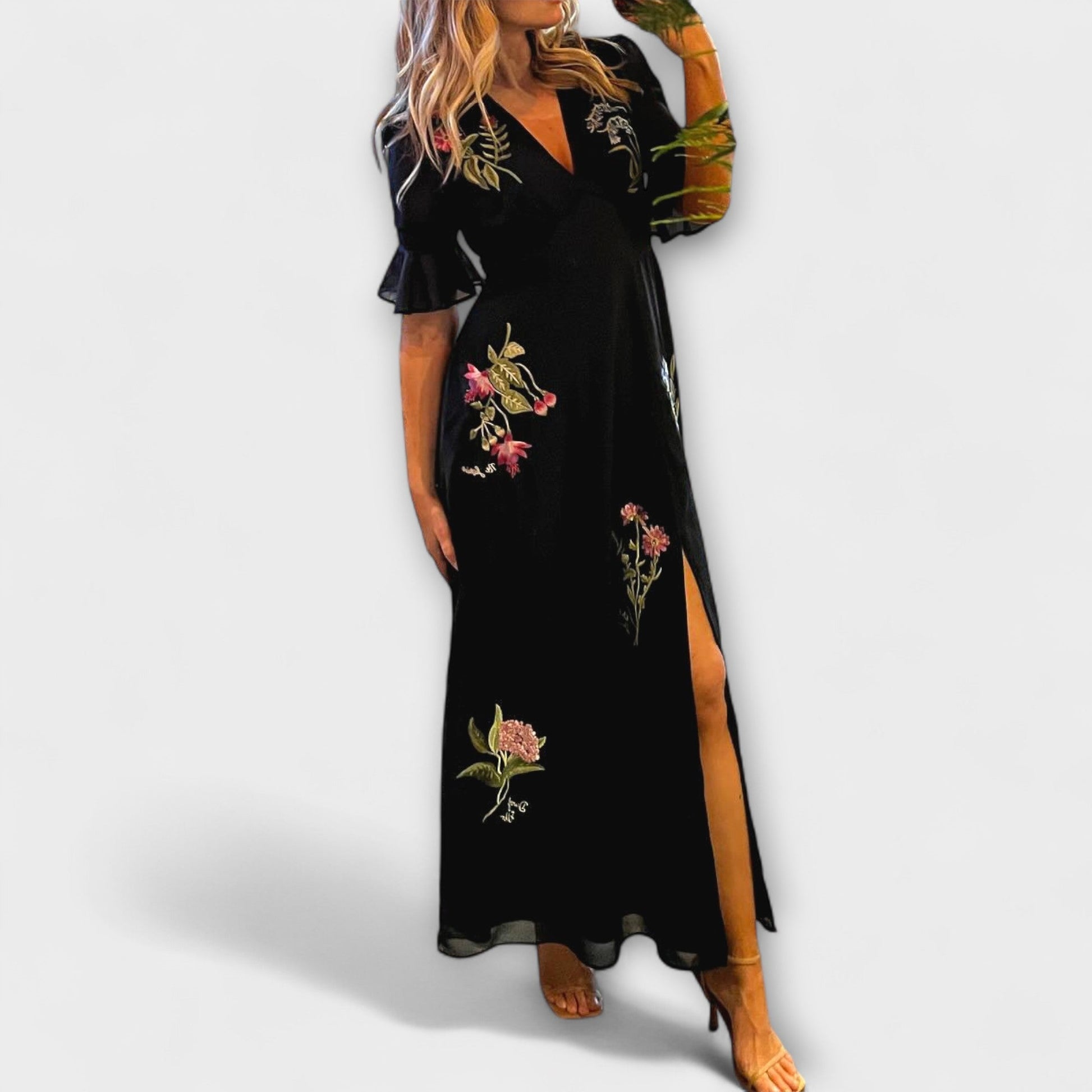Elegant Dark Blue Embroidered Party Dress - Nocini