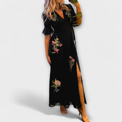 Elegant Dark Blue Embroidered Party Dress - Nocini