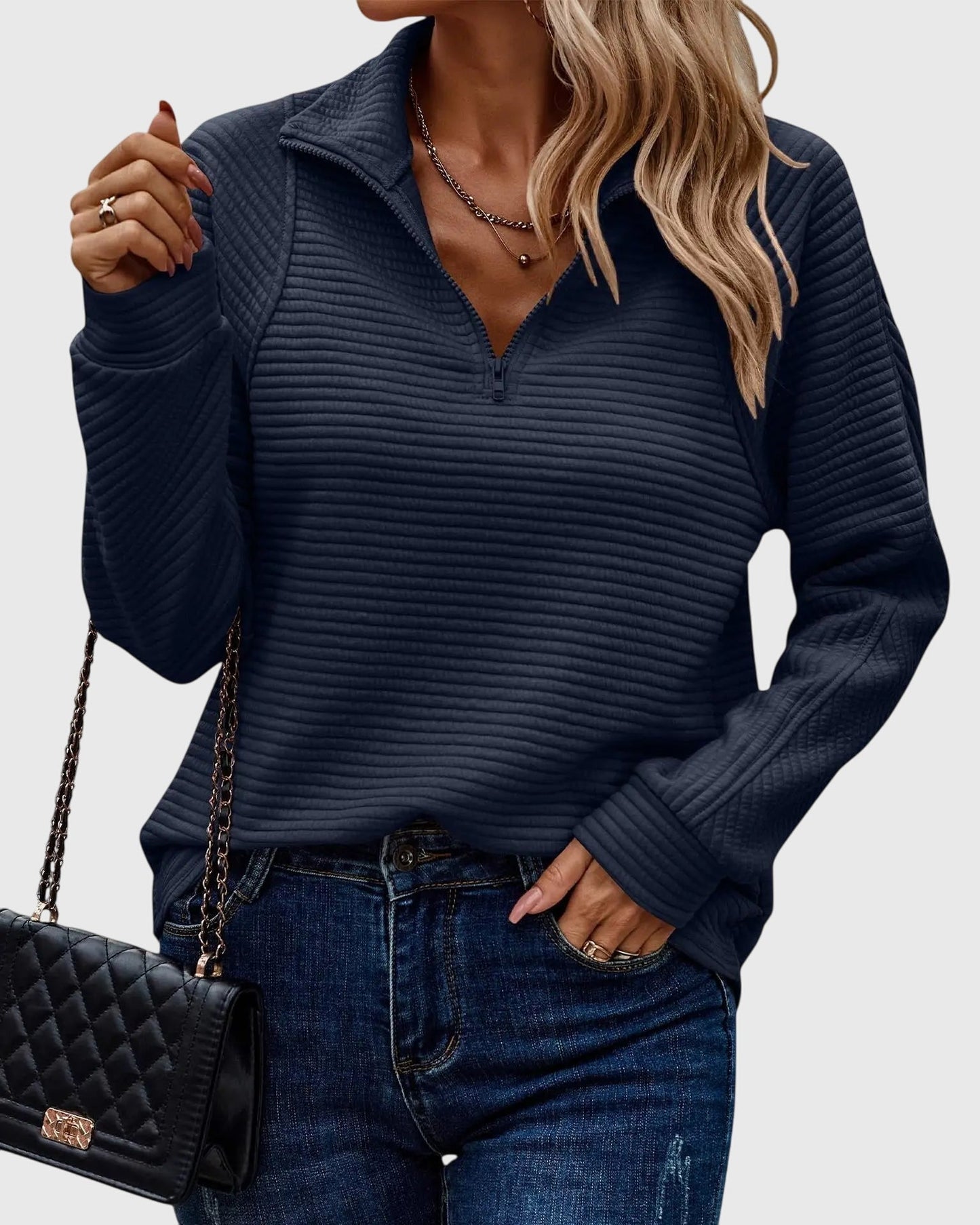 Classic Crew Neck Zip Up Sweater
