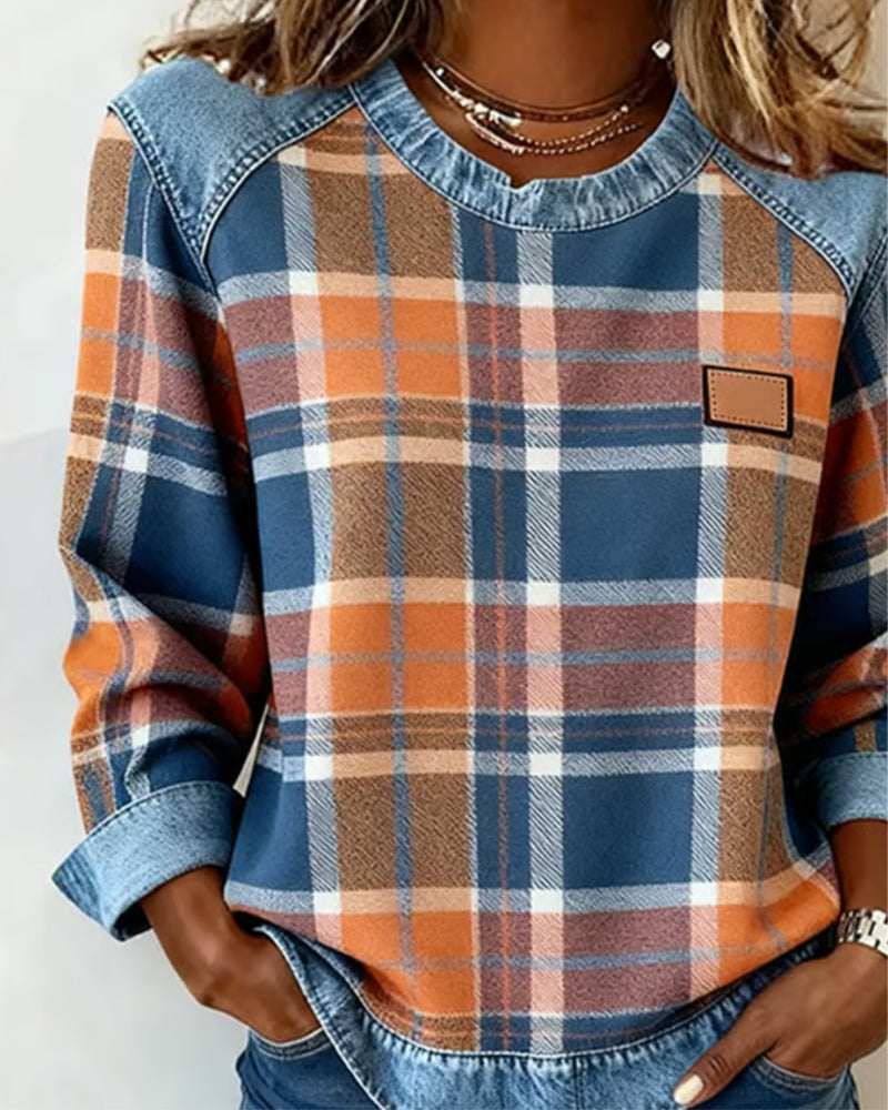 Plaid Patchwork Crew Neck Sweatshirt