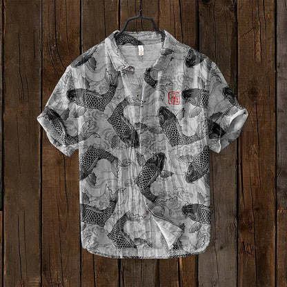 Casual Men's Linen Shirt with Fishing Print