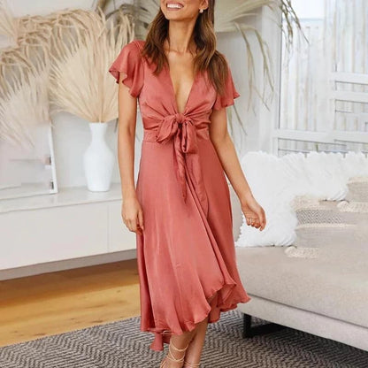 Ladies' V Neck Dress with Asymmetrical Hem and Waist Tie