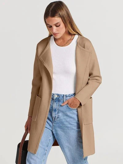 Casual Knee Length Women's Coat with Wide Lapels - Nocini