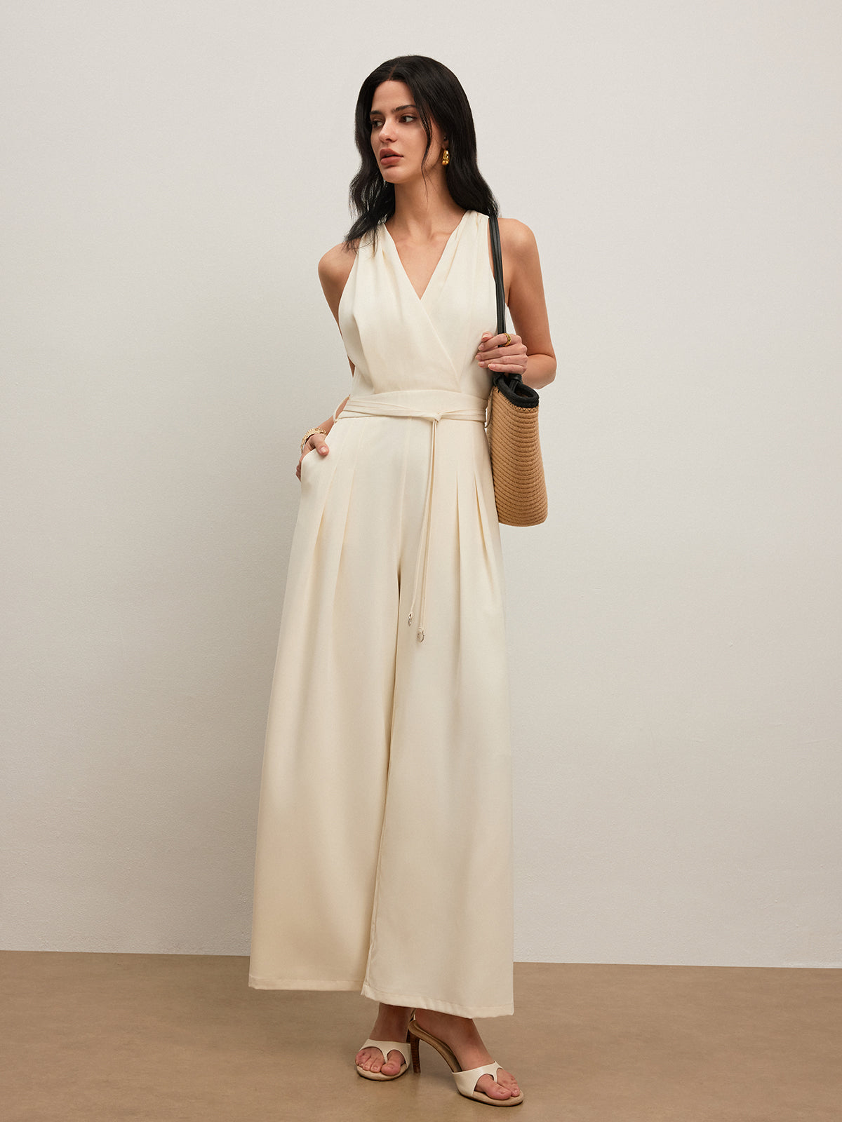 Classic Halter Neck Jumpsuit With Wide Belt - Pexav