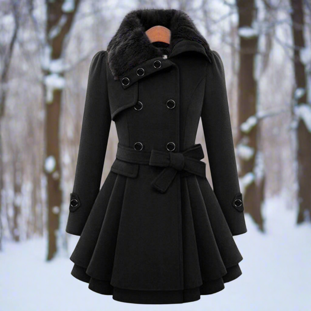 Ladies Classic Double Breasted Fur Trim Coat