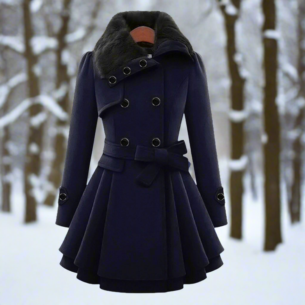 Ladies Classic Double Breasted Fur Trim Coat