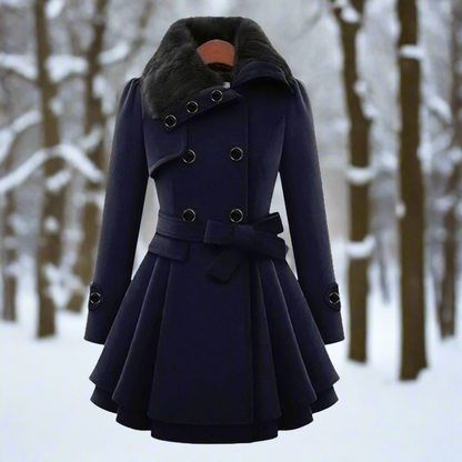 Ladies Classic Double Breasted Fur Trim Coat