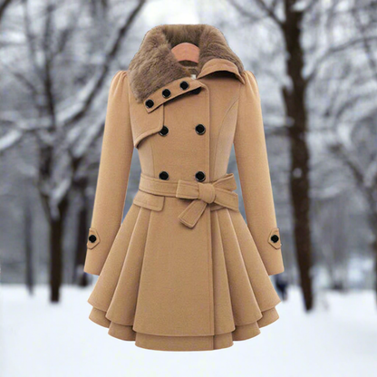 Ladies Classic Double Breasted Fur Trim Coat - Nocini