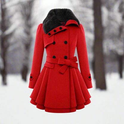 Ladies Classic Double Breasted Fur Trim Coat