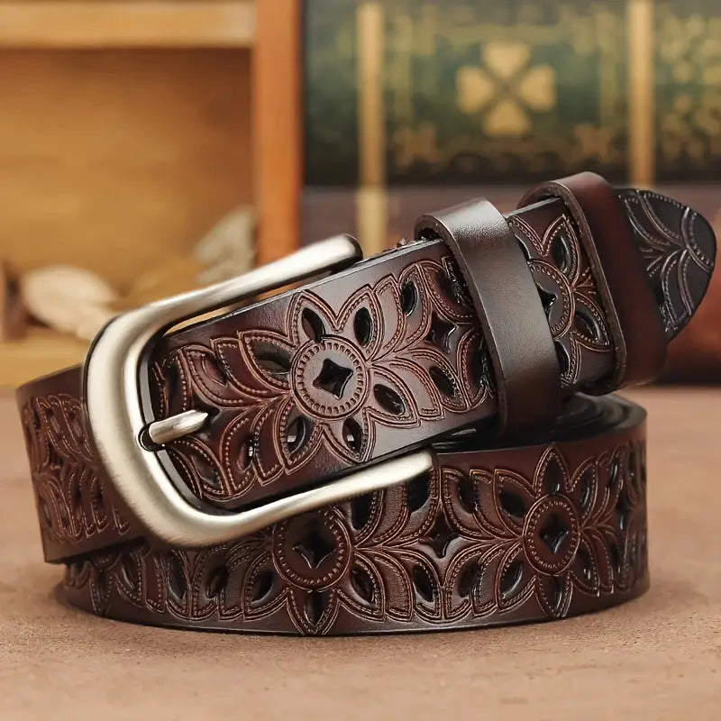 Elegant Flower Patterned Leather Belt - Nocini