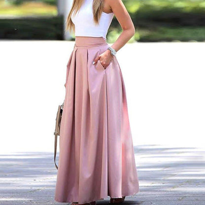 Long Flowy Maxi Skirt with Pockets High Waist Style - Nocini