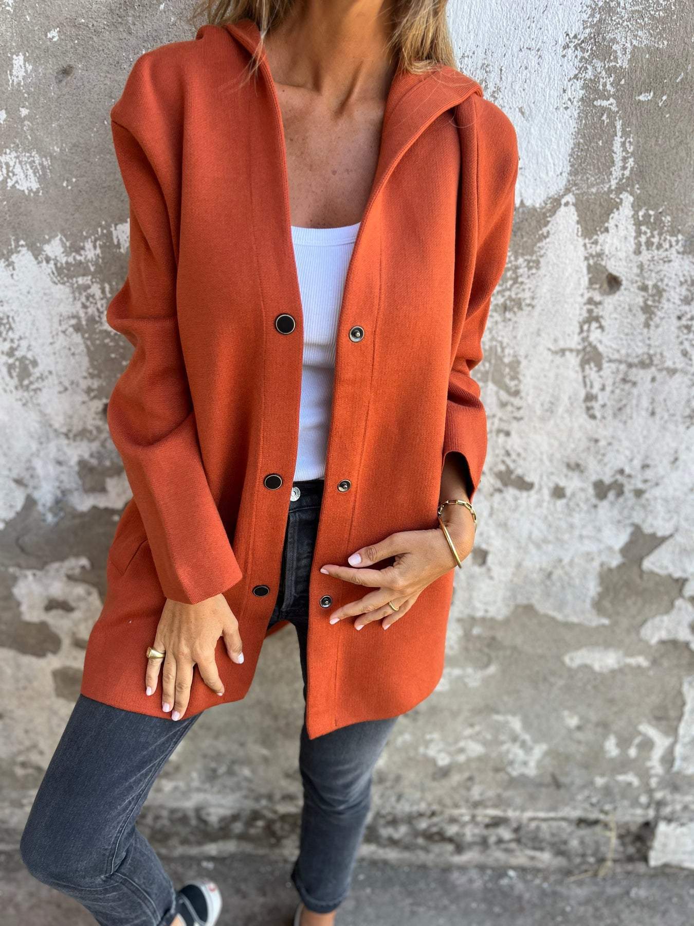 Warm Women's Coat with Hood and Button Front