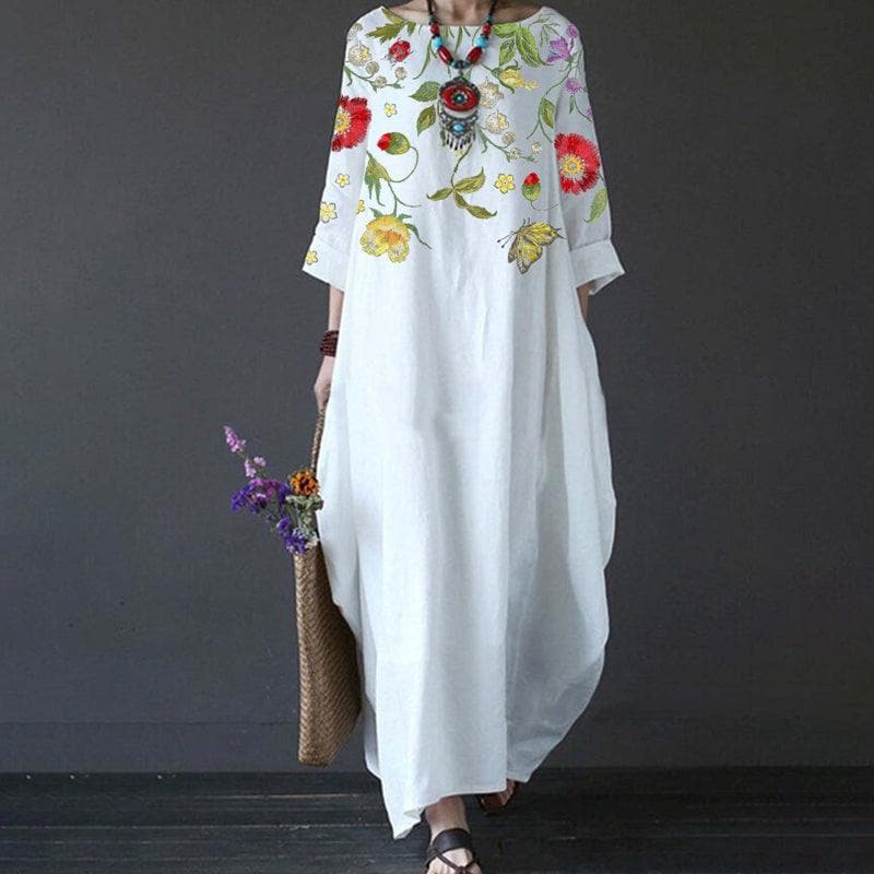 Flowy Long Sleeve Embroidered Maxi Dress - Nocini