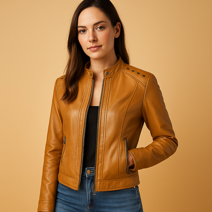 Women’s biker jacket with stand-up collar and shoulder studs, ideal for daily wear and stylish spring or autumn outfits.