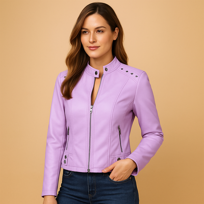 Women’s biker jacket with stand-up collar and shoulder studs, ideal for daily wear and stylish spring or autumn outfits.