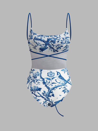 Tropical Floral Halter Neck Swimsuit