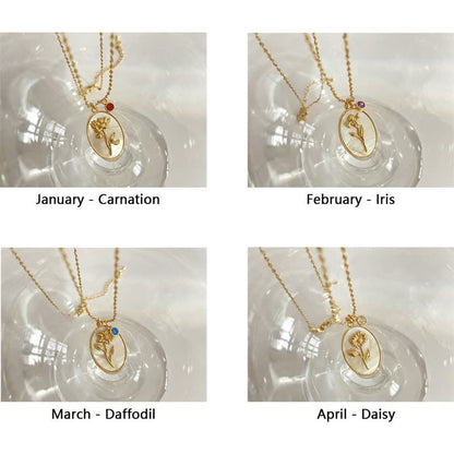 Birthstone with Birth Flowers Necklace - Aurora-January - Carnation-Nora Luxe
