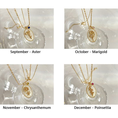 Birthstone with Birth Flowers Necklace - Aurora-January - Carnation-Nora Luxe