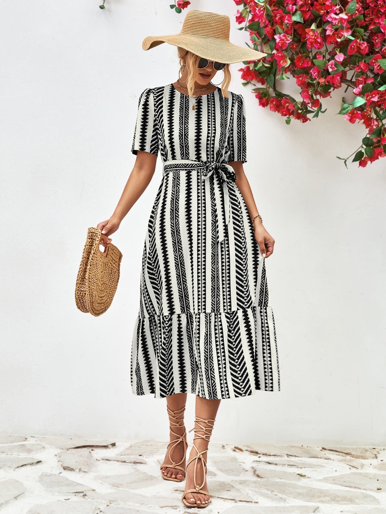 Classic Monochrome Stripe Knee Length Dress - Pexav