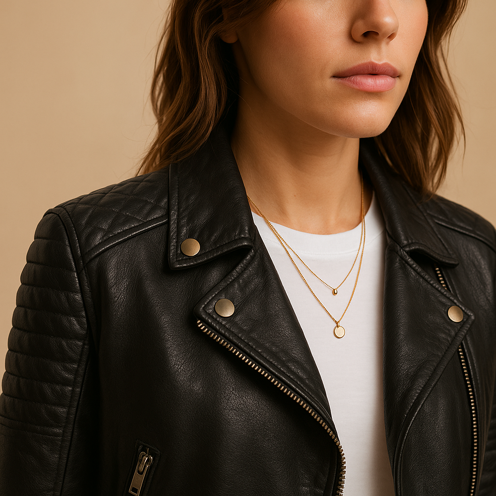Black women’s fitted jacket with classic collar and zipper closure, perfect for casual or elegant outfits.