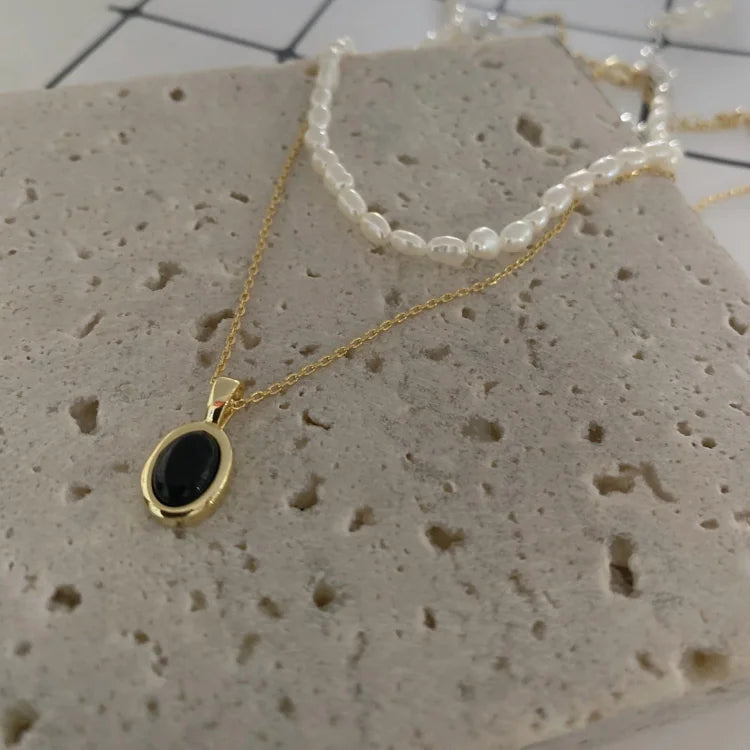Dark Gemstone and Pearl Layered Necklace - Pexav