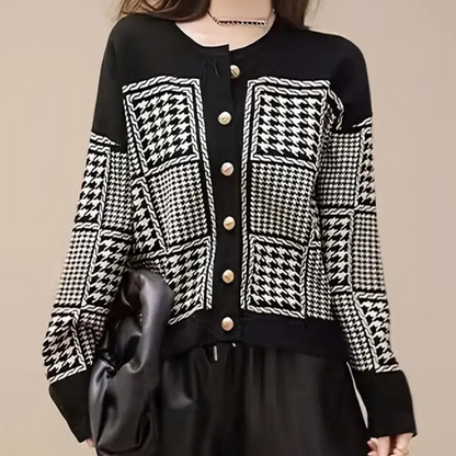 Classic Houndstooth Women's Cardigan Sweater - Pexav