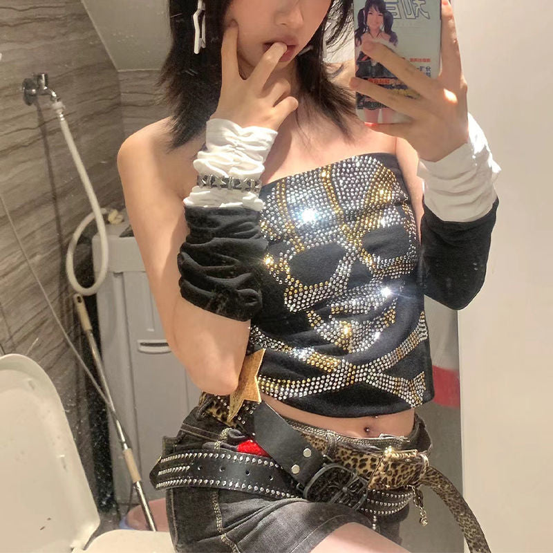 Sparkly Women's Blouse with Glam Skull Design - Pexav