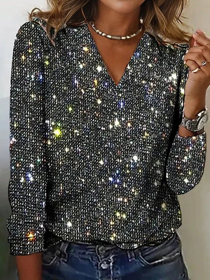 Sparkly V-Neck Long Sleeve Knit Top