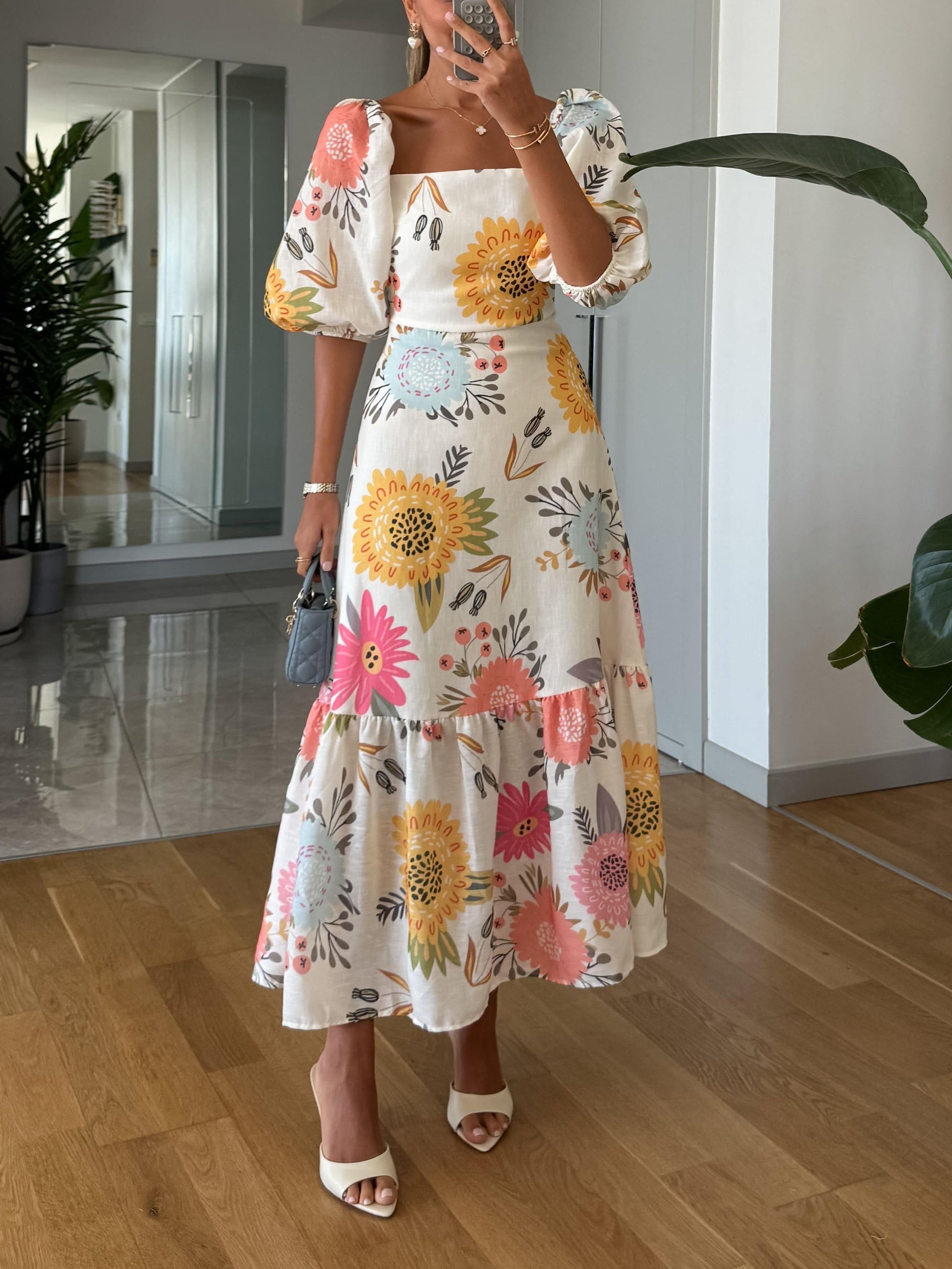Floral Ruffled Waist A-Line Midi Dress - Olytrend