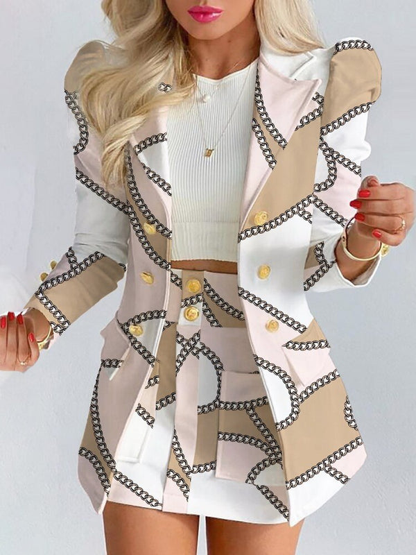 Blazer Skirt Set for Women – Stylish & Versatile – Thalia-White/Chains-S-Nora Luxe