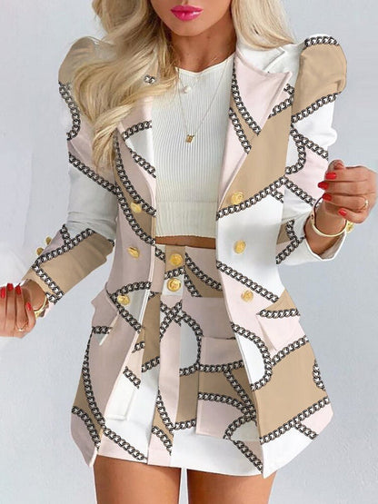 Blazer Skirt Set for Women – Stylish & Versatile – Thalia-White/Chains-S-Nora Luxe