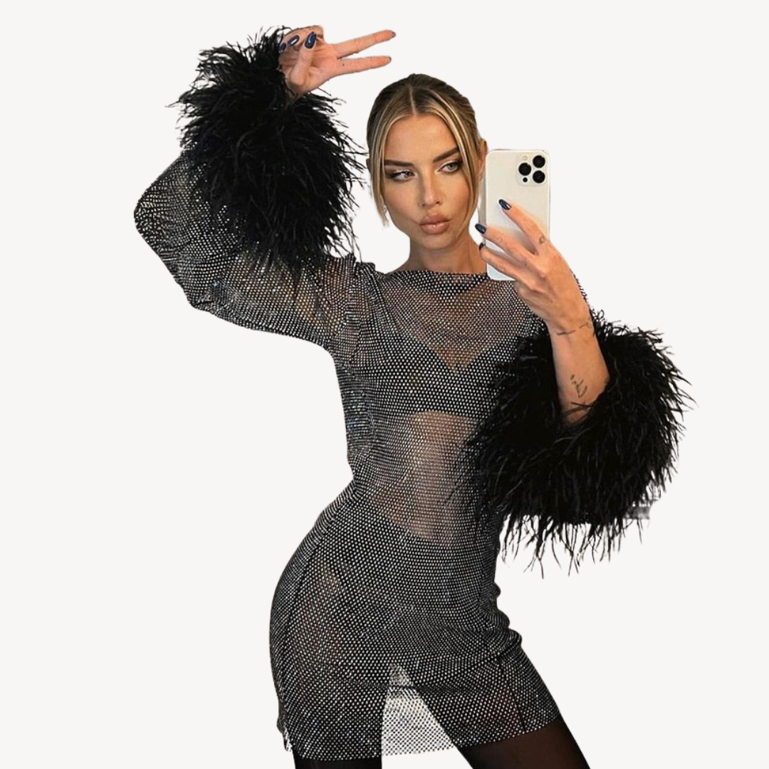 Glittering Mesh Evening Gown with Feather Trim