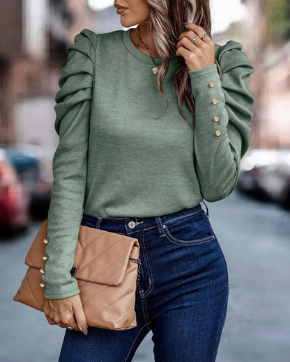 Blouse with Long Puff Sleeves and Round Neck - Eva-Orange-S-Nora Luxe